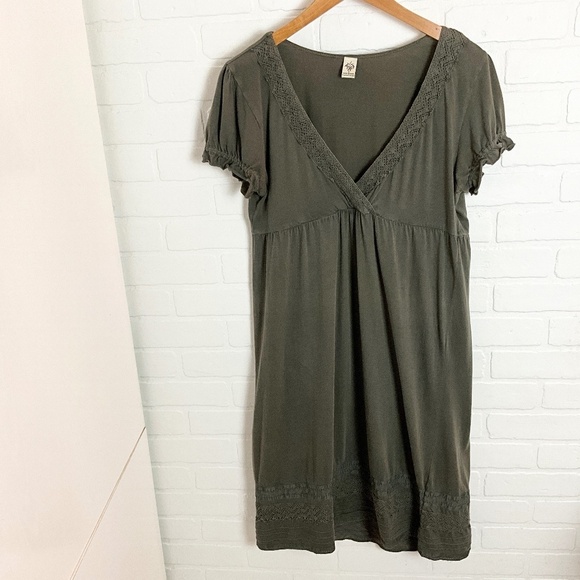 Prana Mini Dress Boho Crochet Olive Green 100% cotton V surplice neck Eco S - Picture 2 of 15